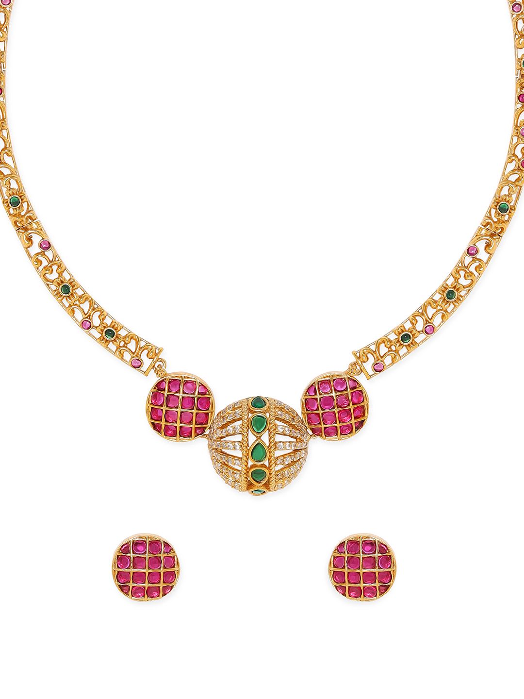 Dhiyona RJ Women's 24K Gold Plated Ruby & Emerald CZ Studded Handcrafted Traditional Jewellery Set