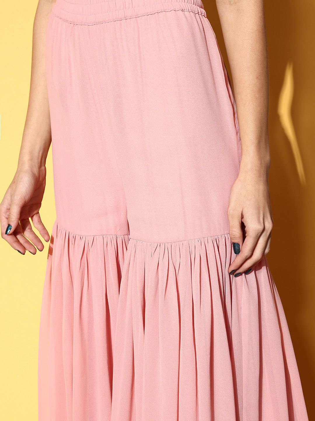 Dhiyona VA Women's Peach-Coloured Striped Kurta with Sharara & Dupatta