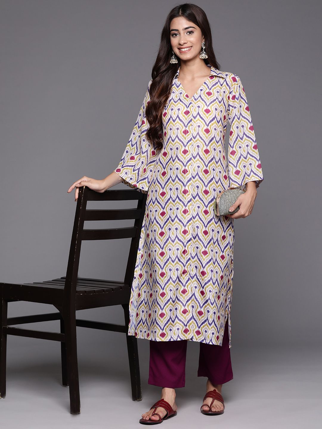 Dhiyona VA Women'sAbstract Woven Design Flared Kurta with Trousers