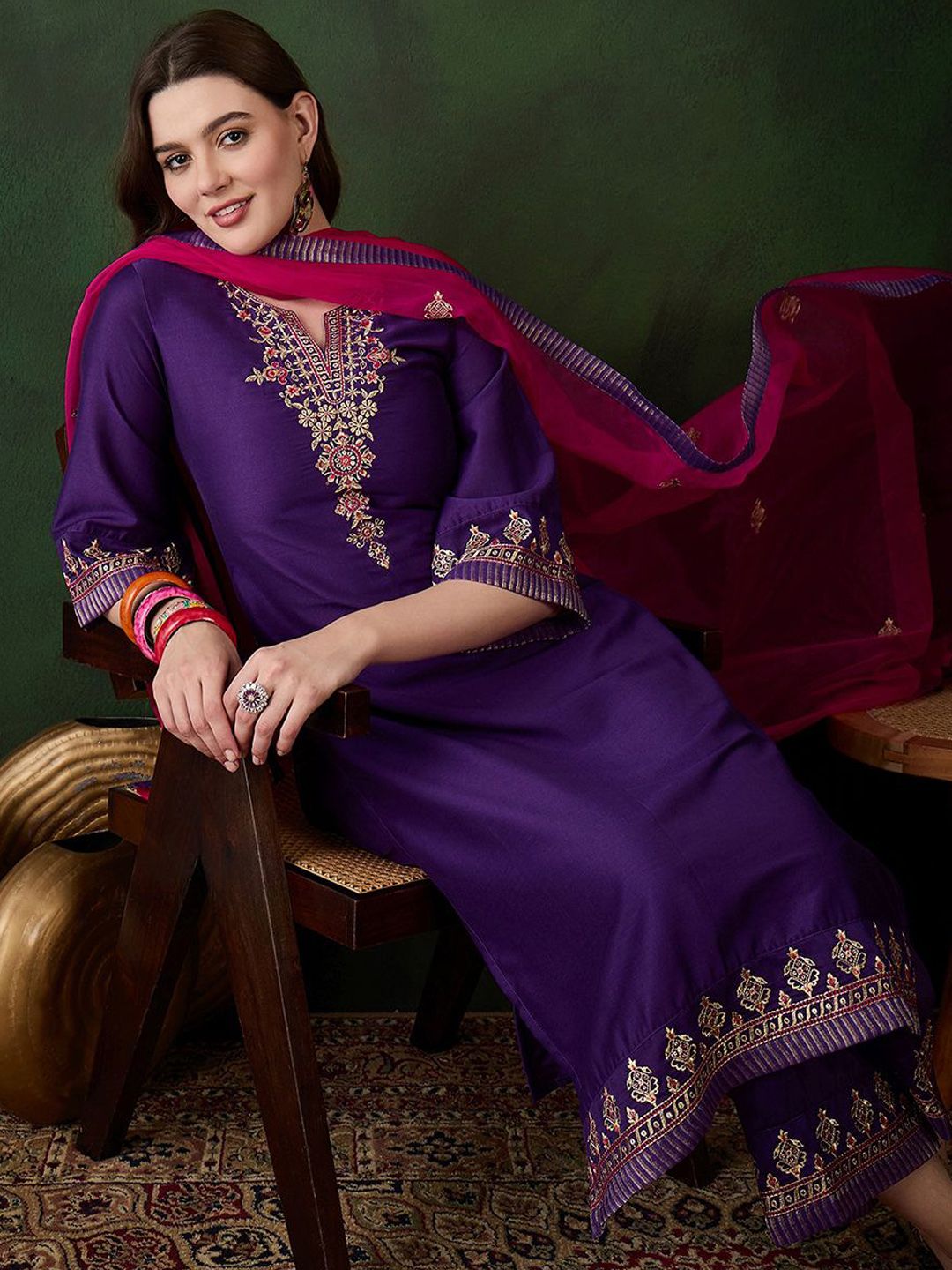 Dhiyona SN Women's Floral Yoke Design Notch Neck Sequinned Straight Kurta With Trousers & Dupatta