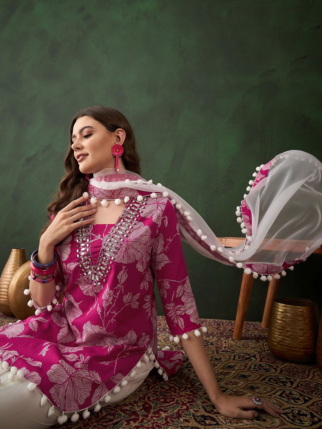 Dhiyona SN Women's Pink Floral Printed Mirror Work Straight Kurti With Dhoti Pants & Dupatta