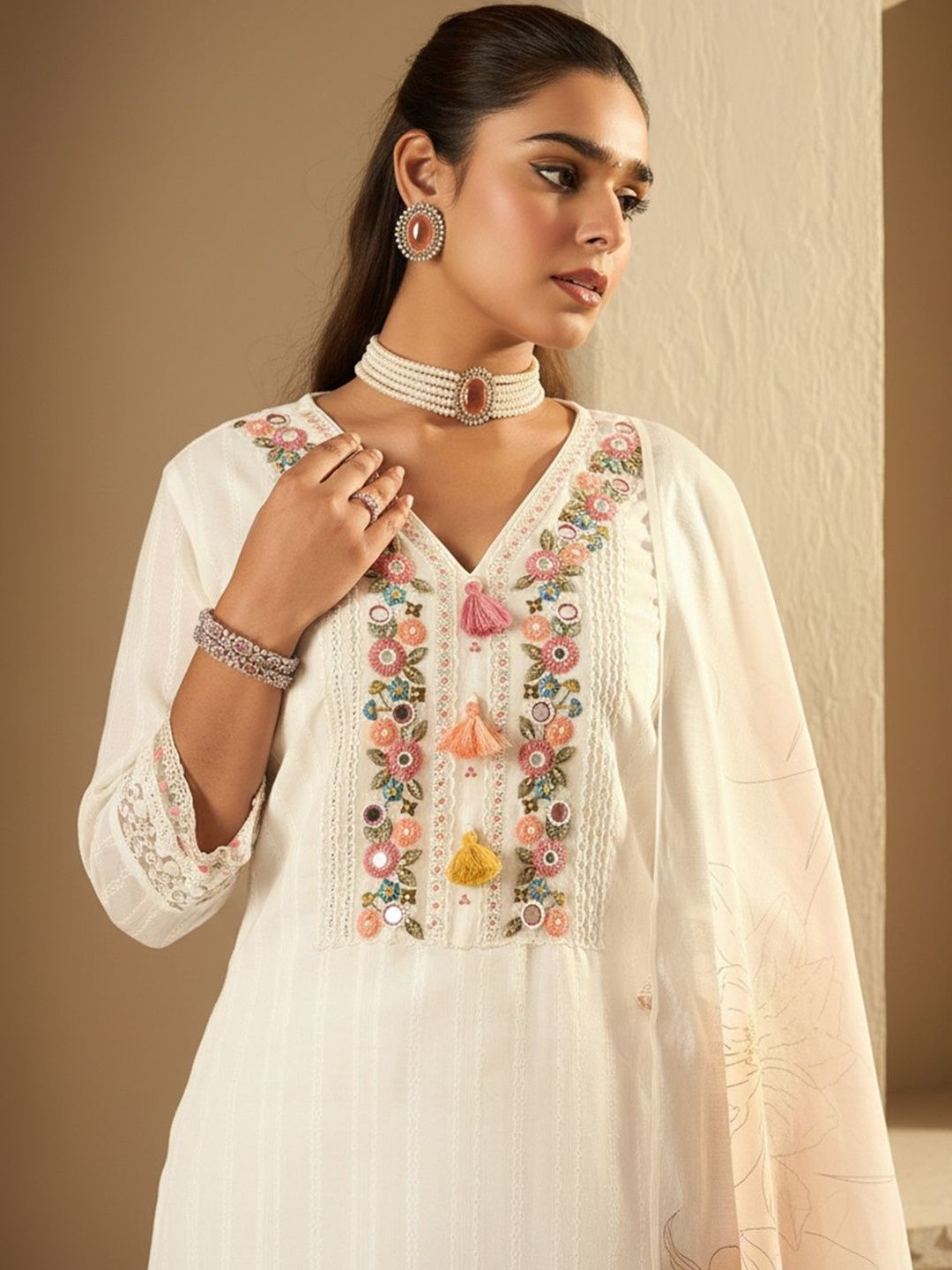 Floral Embroidered Regular Mirror Work Pure Cotton Kurta With Trousers & Dupatta