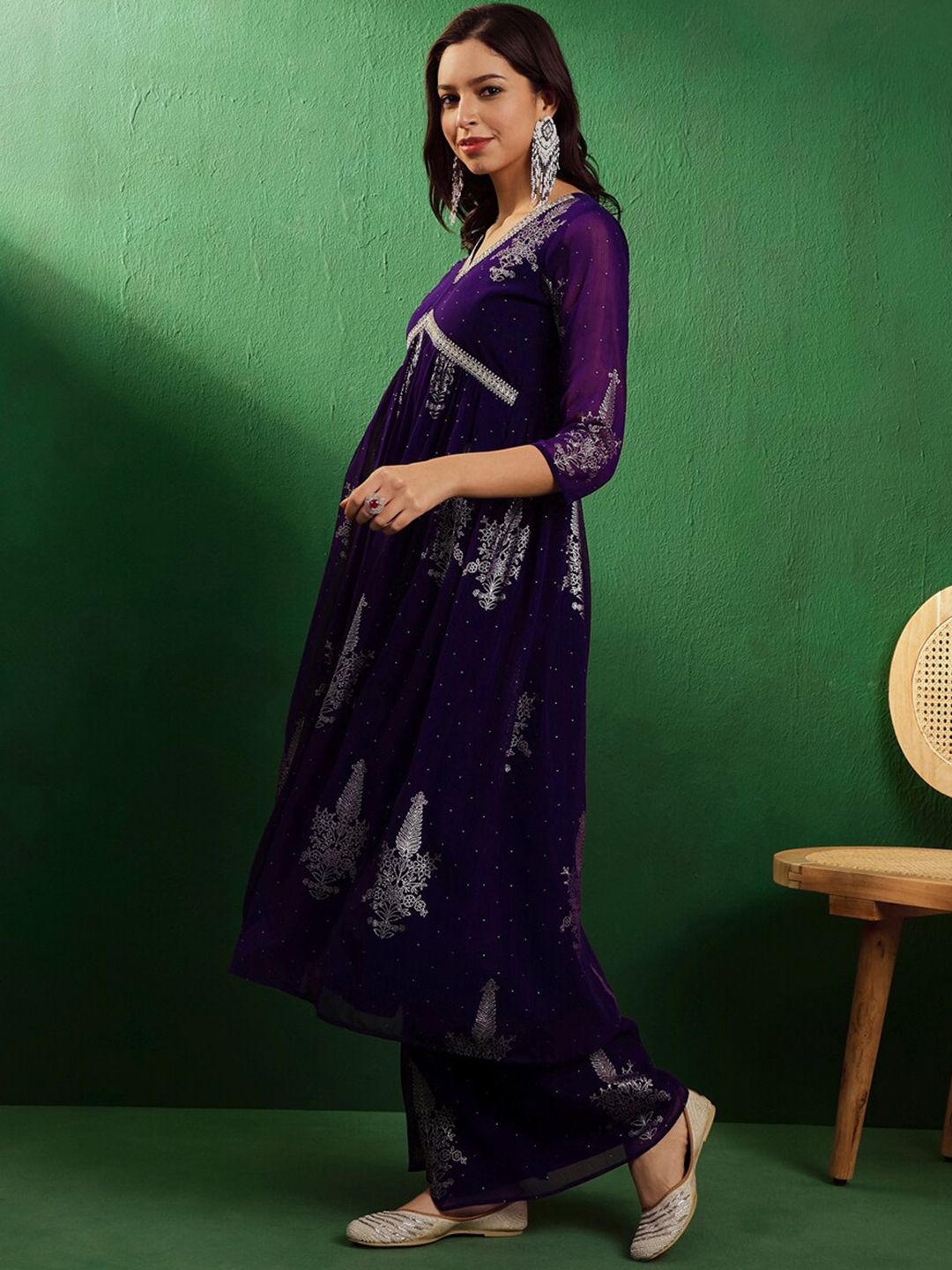 Dhiyona SN Women's V-neck Three quarter regular sleeves Alia Cut Printed Kurta Set