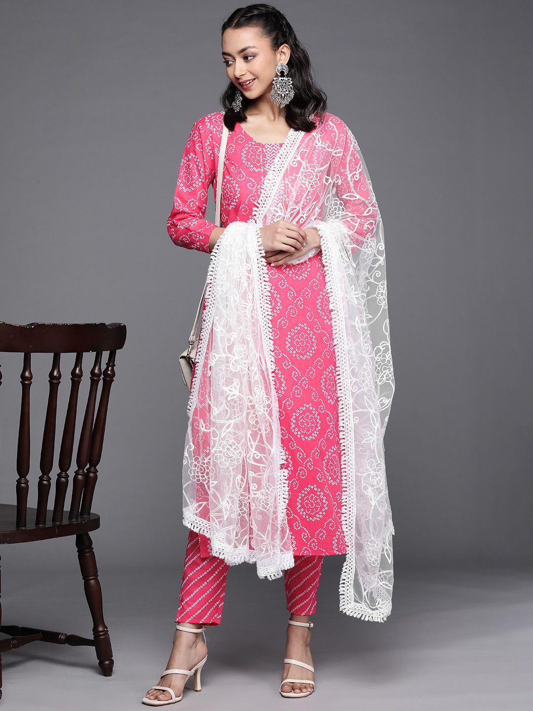 Dhiyona VA Women's Pink Bandhani Printed Gotta Patti Pure Cotton Kurta with Trousers & With Dupatta
