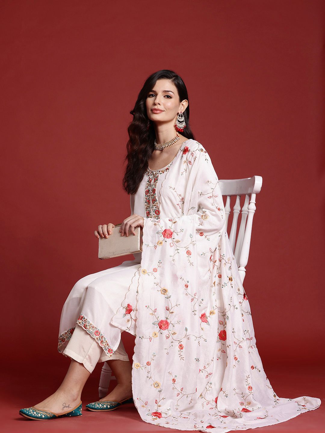 Floral Embroidered Sequinned Kurta With Trousers & Dupatta