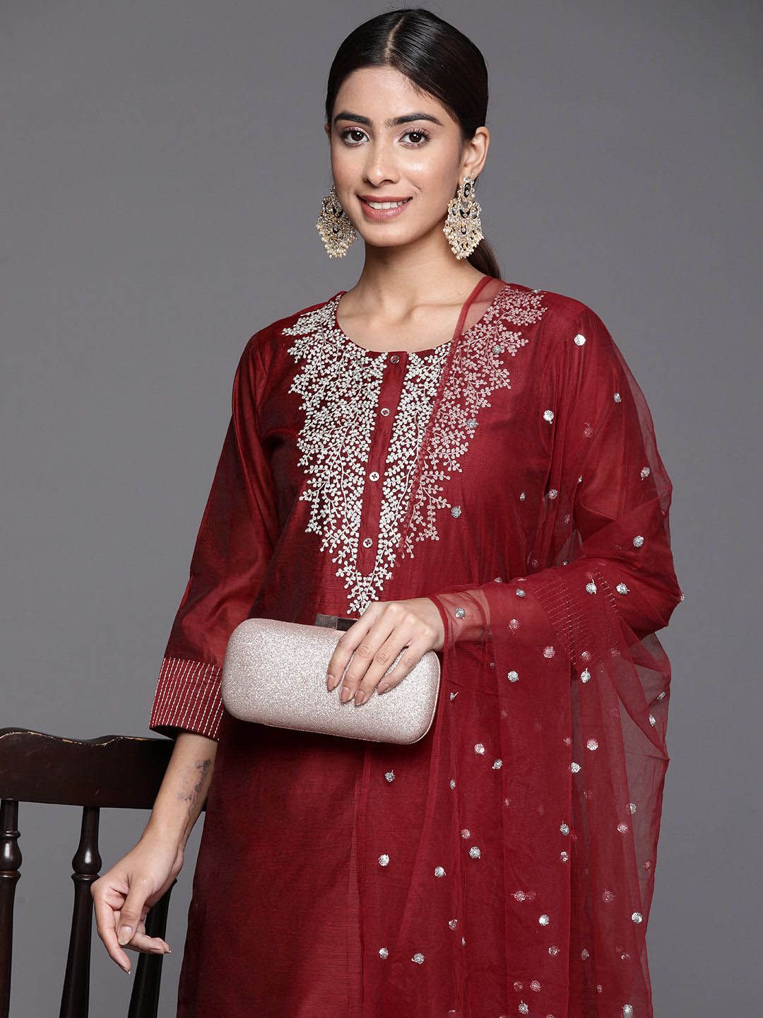Dhiyona VA Women'sFloral Yoke Design Chanderi Silk Straight Kurta & Trousers With Dupatta