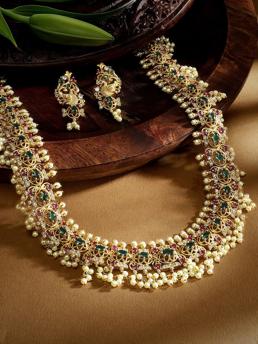 Dhiyona RJ Women's 22K Gold-Plated Green & Ruby Kundan Studed Handcrafted Necklace Set with Pearl Bead