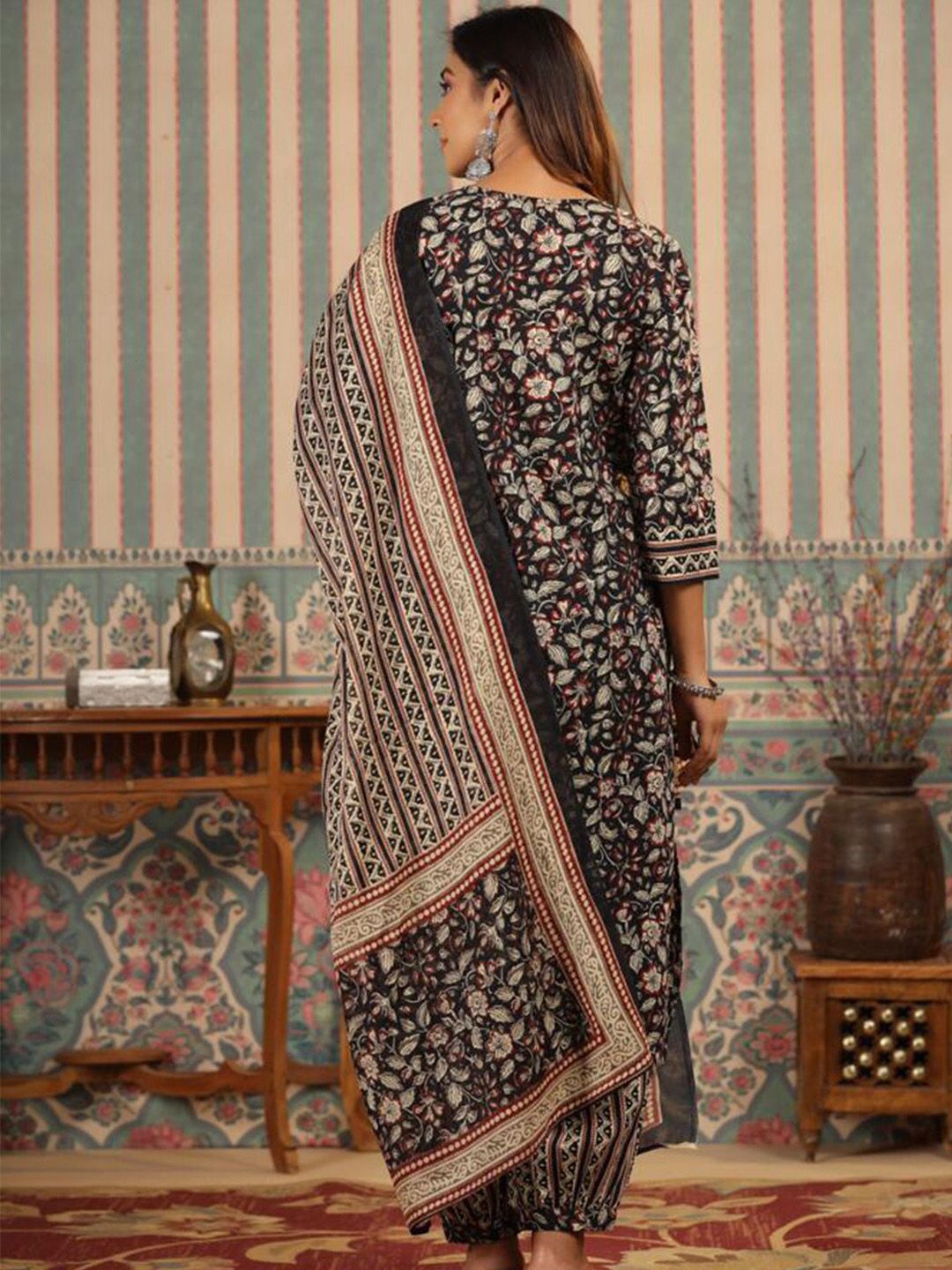 Dhiyona IS Women's Kalamkari Embellished Cotton Kurta with Afghani Pants & Flowy Mulmul Dupatta