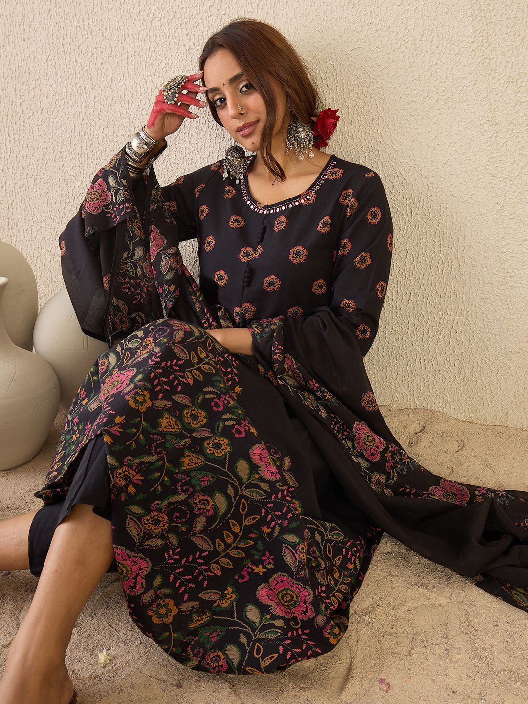 Floral Printed Round Neck Anarkali Pure Cotton Kurta With Trousers & With Dupatta