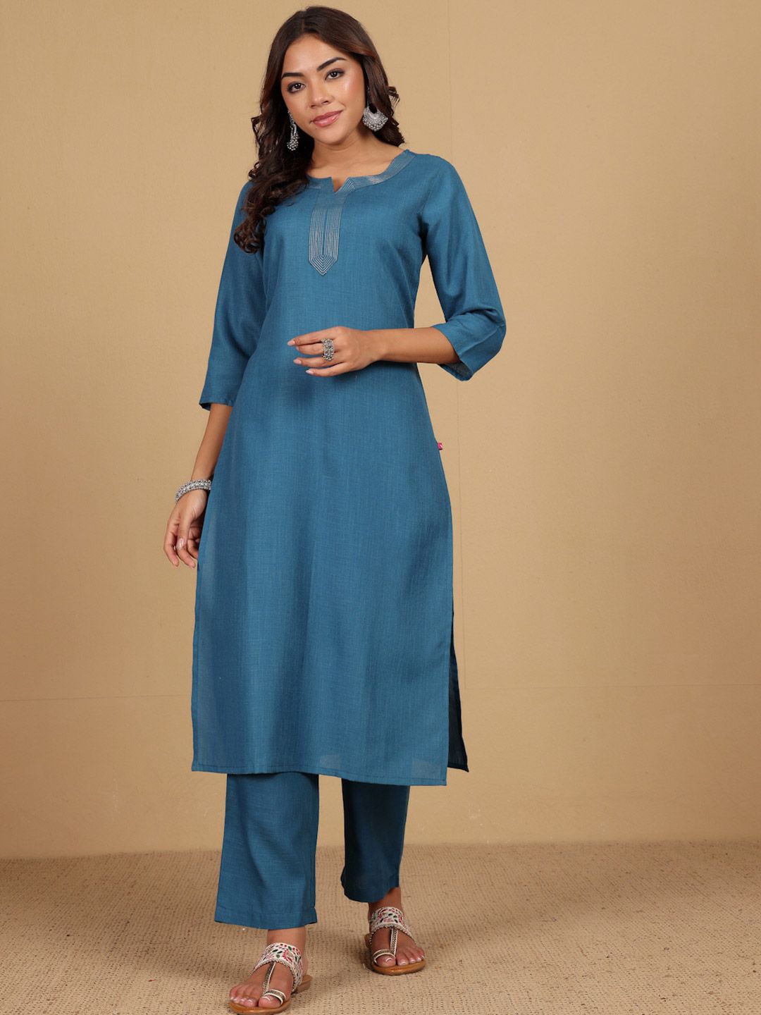 Dhiyona VA Women'sYoke Design Thread Work Notc Neck Straight Kurta With Trousers And Dupatta