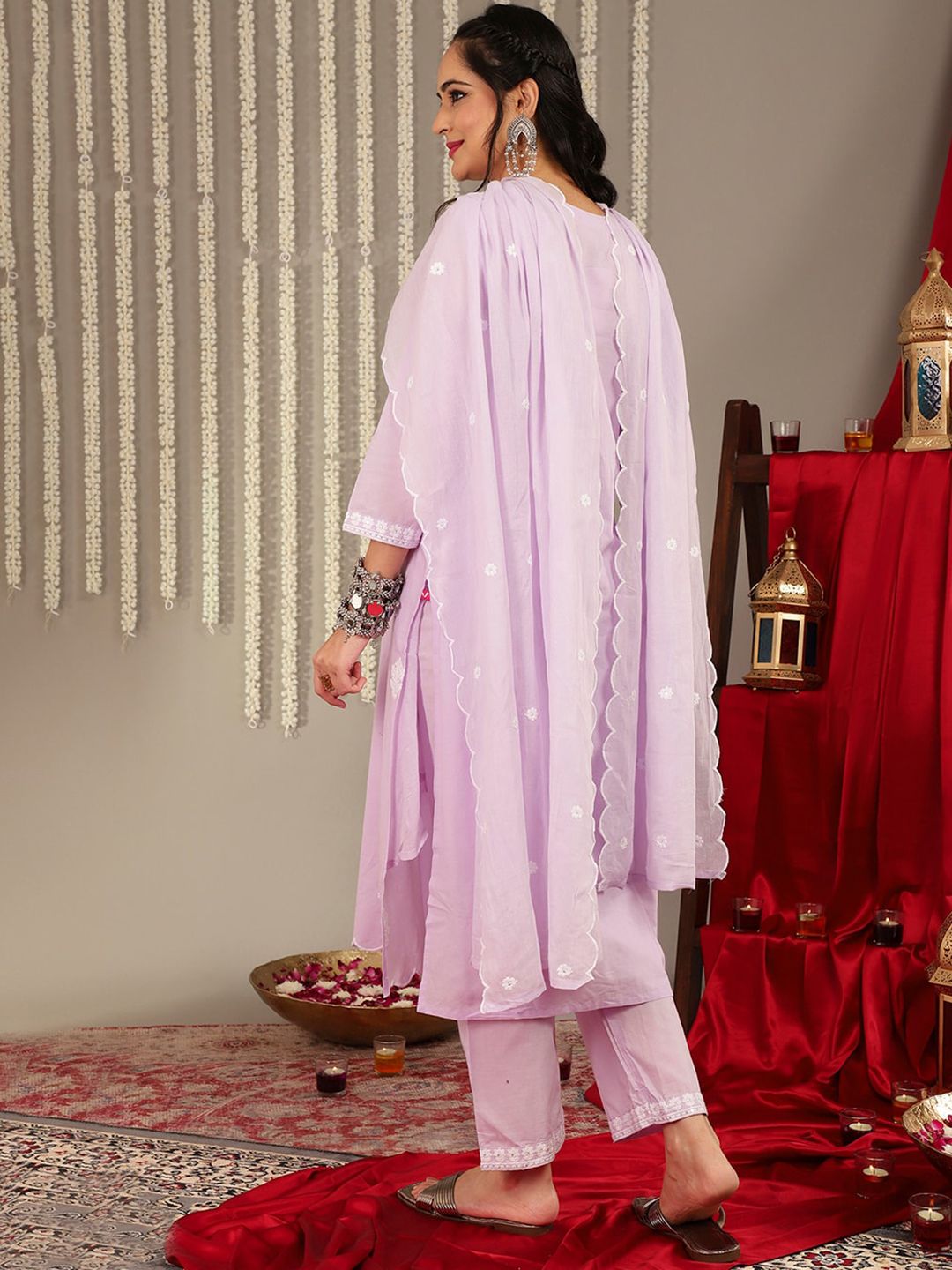Dhiyona VA Women'sEthnic Motifs Embroidered Pure Cotton Empire Straight Kurta & Trouser With Dupatta