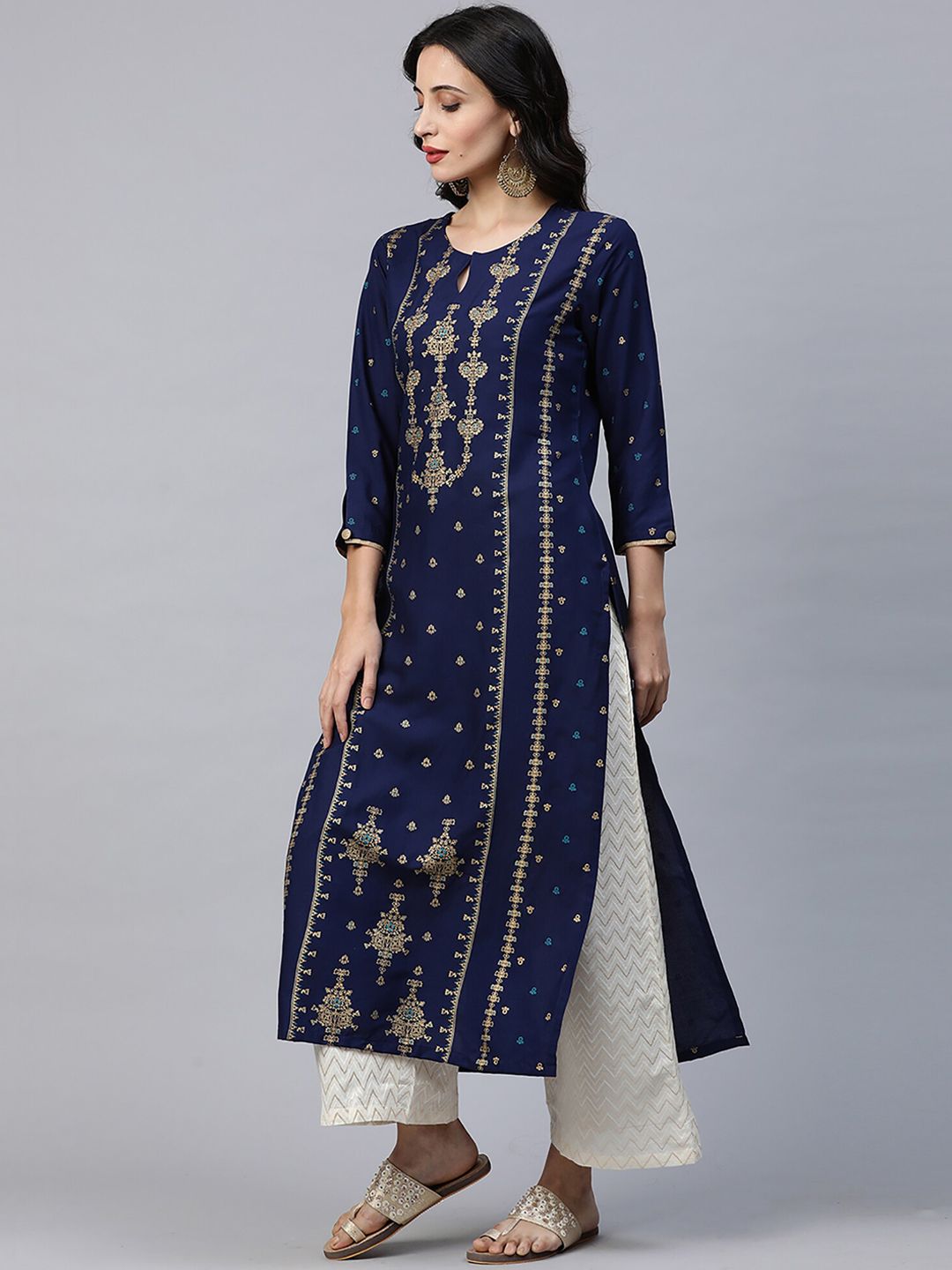 Dhiyona IE Women Blue & Gold-Toned Printed A-Line Kurta