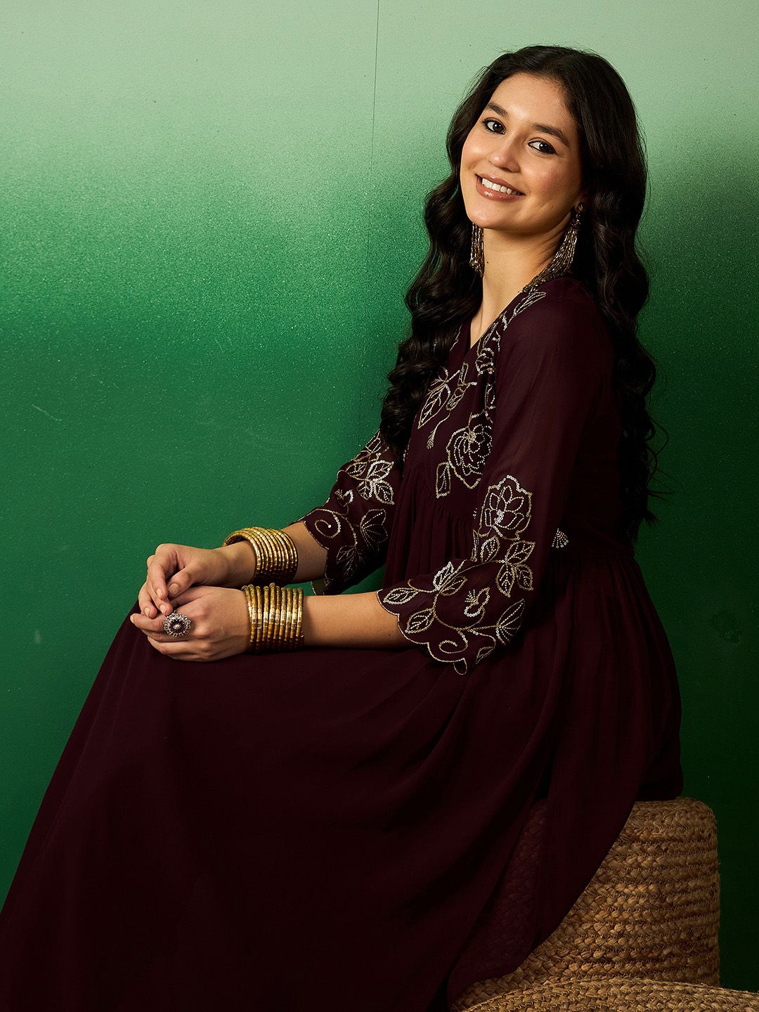 Dhiyona SN Women's Brown Floral Embroidered V-Neck A-Line Kurta With Palazzo Set