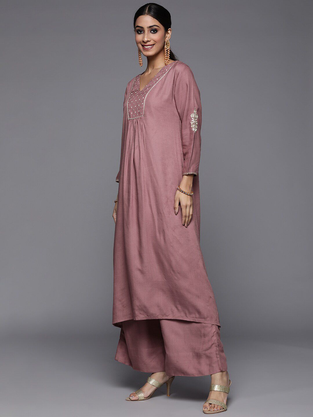 Dhiyona VA Women'sGeometric Embroidered A-Line Kurta with Palazzos & With Dupatta