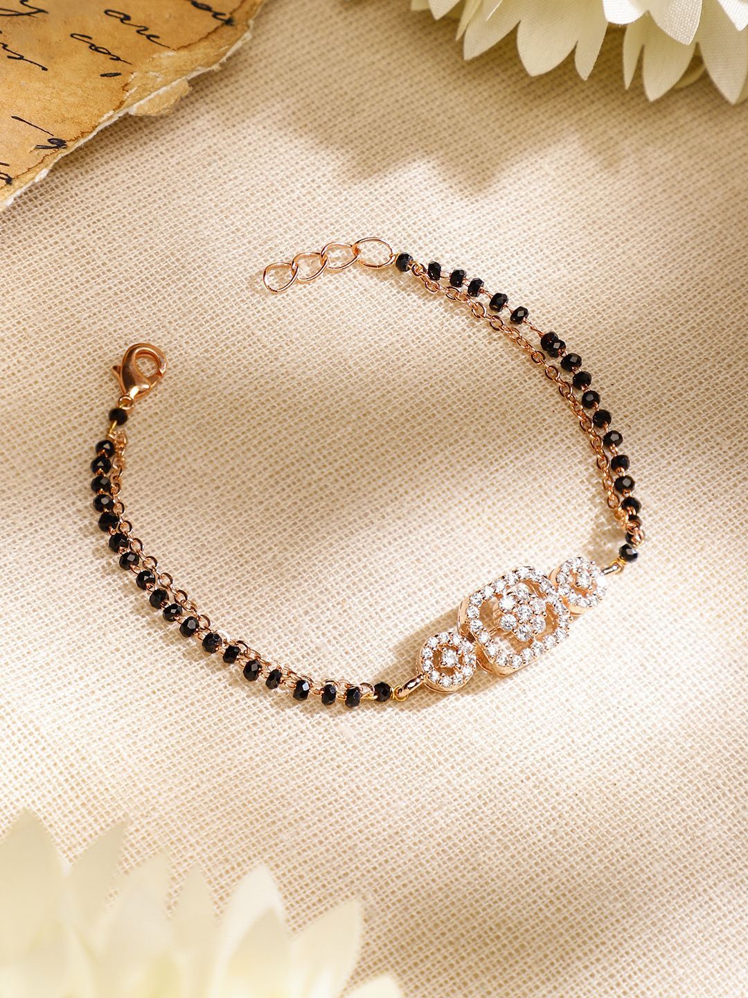 Dhiyona RJ Women's Rose Gold-Plated Black Beads & Cubic Zirconia Studded Floral Mangalsutra Bracelet