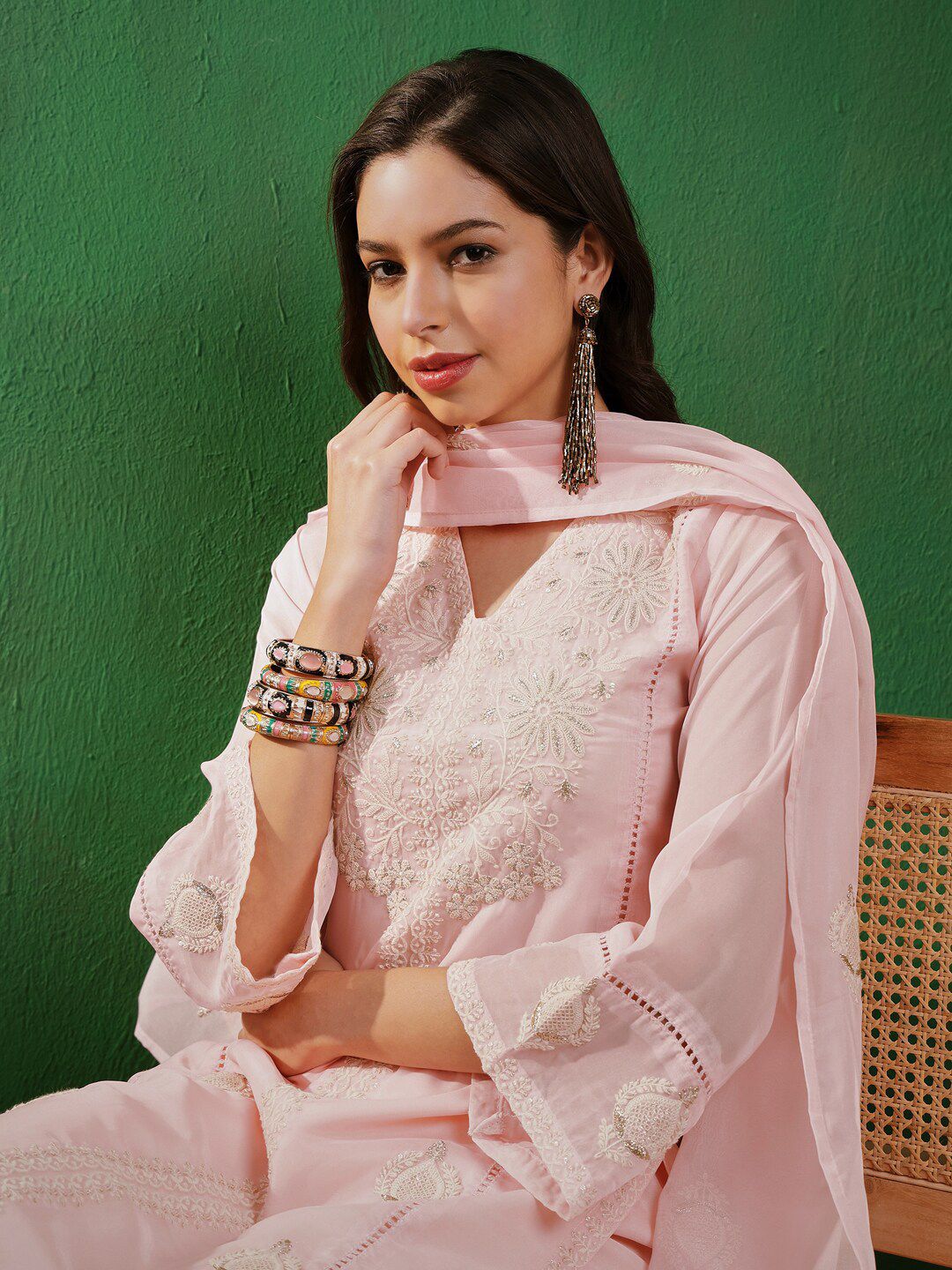 Dhiyona SN Women's Peach & White Floral Embroidered Organza Straight Kurta With Trouser & Dupatta