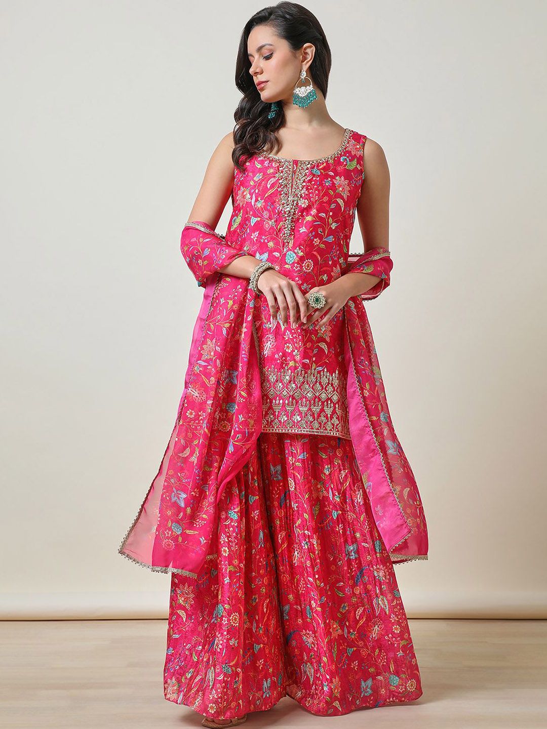 Dhiyona SO Women's Floral Embroidered Regular Zardozi Straight Kurti with Palazzos & Dupatta