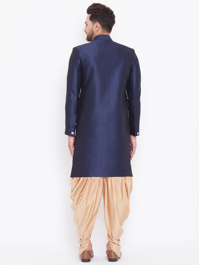 Men's Navy Blue Silk Blend Straight Sherwani Set