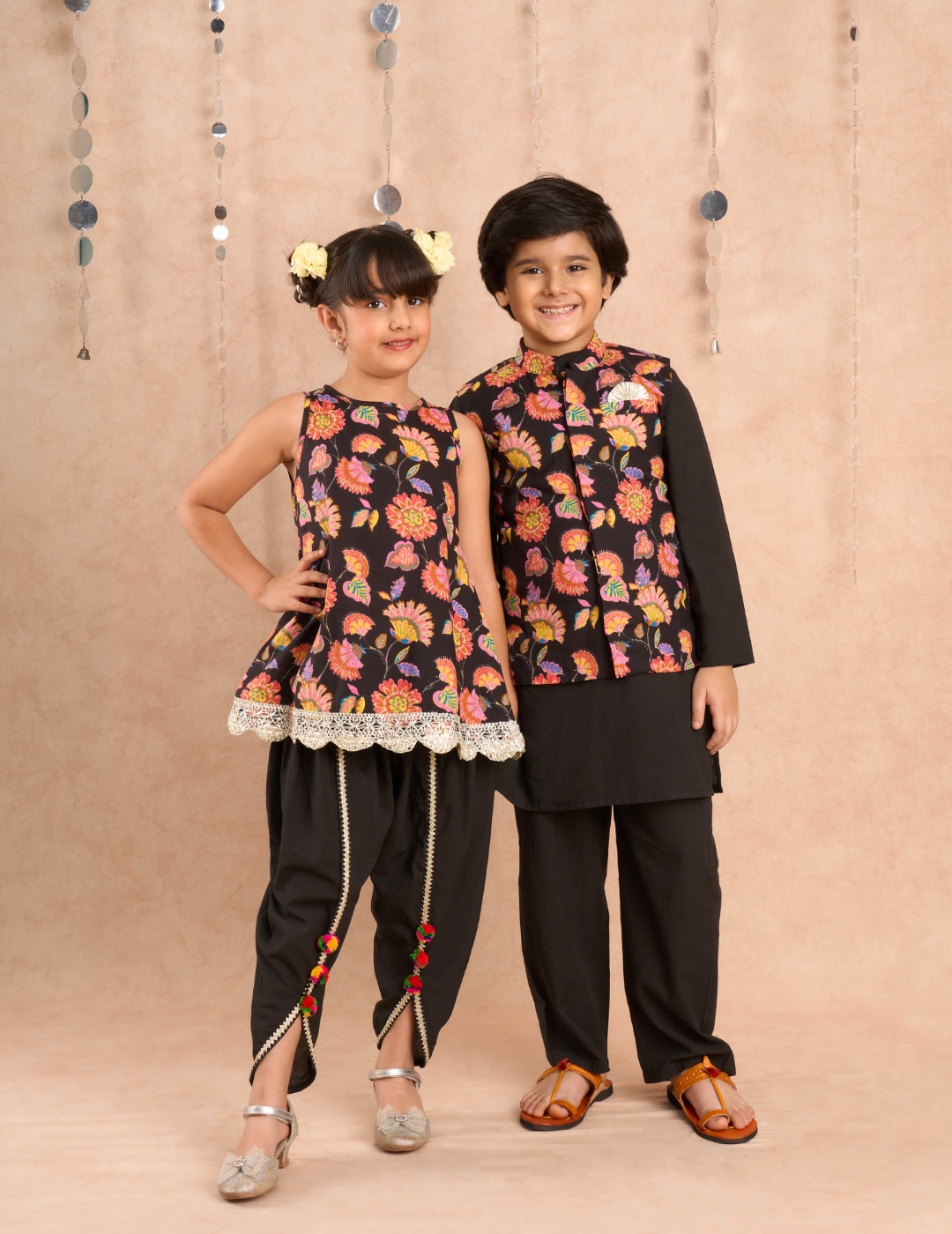 Jaipur Girls Black Cotton Kurta with Dhoti Ethnic Set