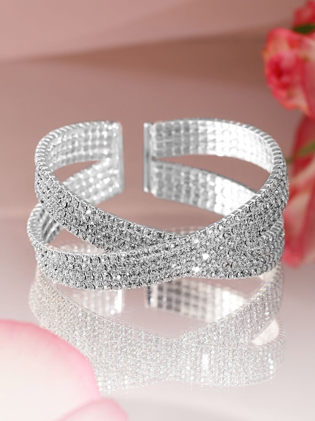 Dhiyona RJ Women's Rhodium-Plated Crystals Stone Studded Cuff Bracelet