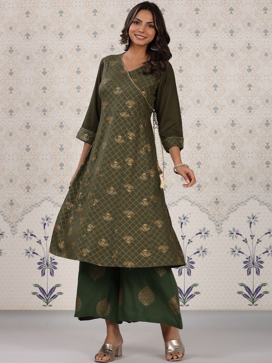 Dhiyona OD Olive Green & Gold Printed V Neck Angrakha Kurta With Palazzos