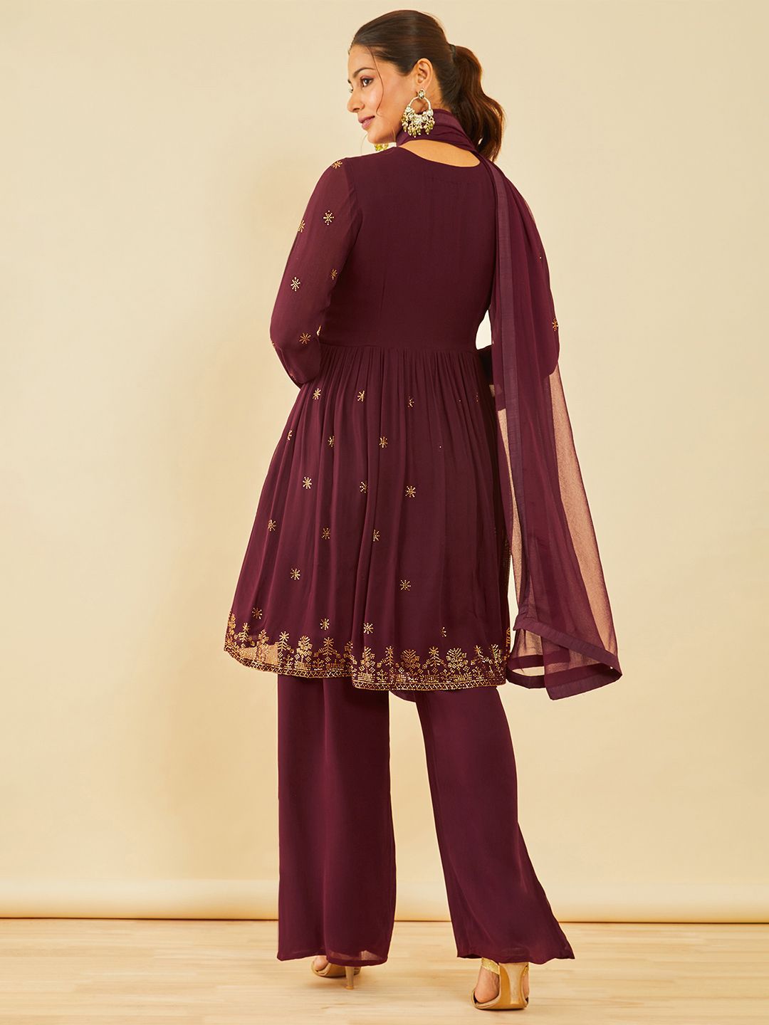 Dhiyona SO Women's Women Alia Cut Floral Embroidered Angrakha Beads and Stones Kurta with Palazzos & With Dupatta