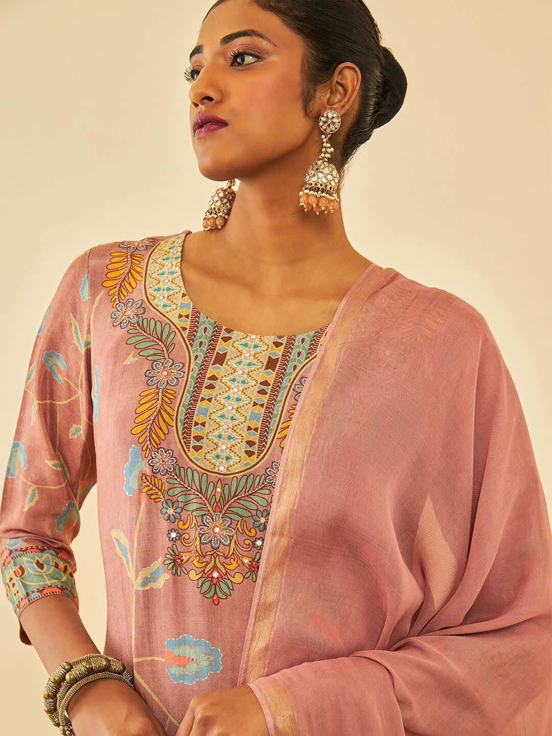 Dhiyona SO Women's Floral Printed Regular Beads and Stones Kurta with Trousers & With Dupatta