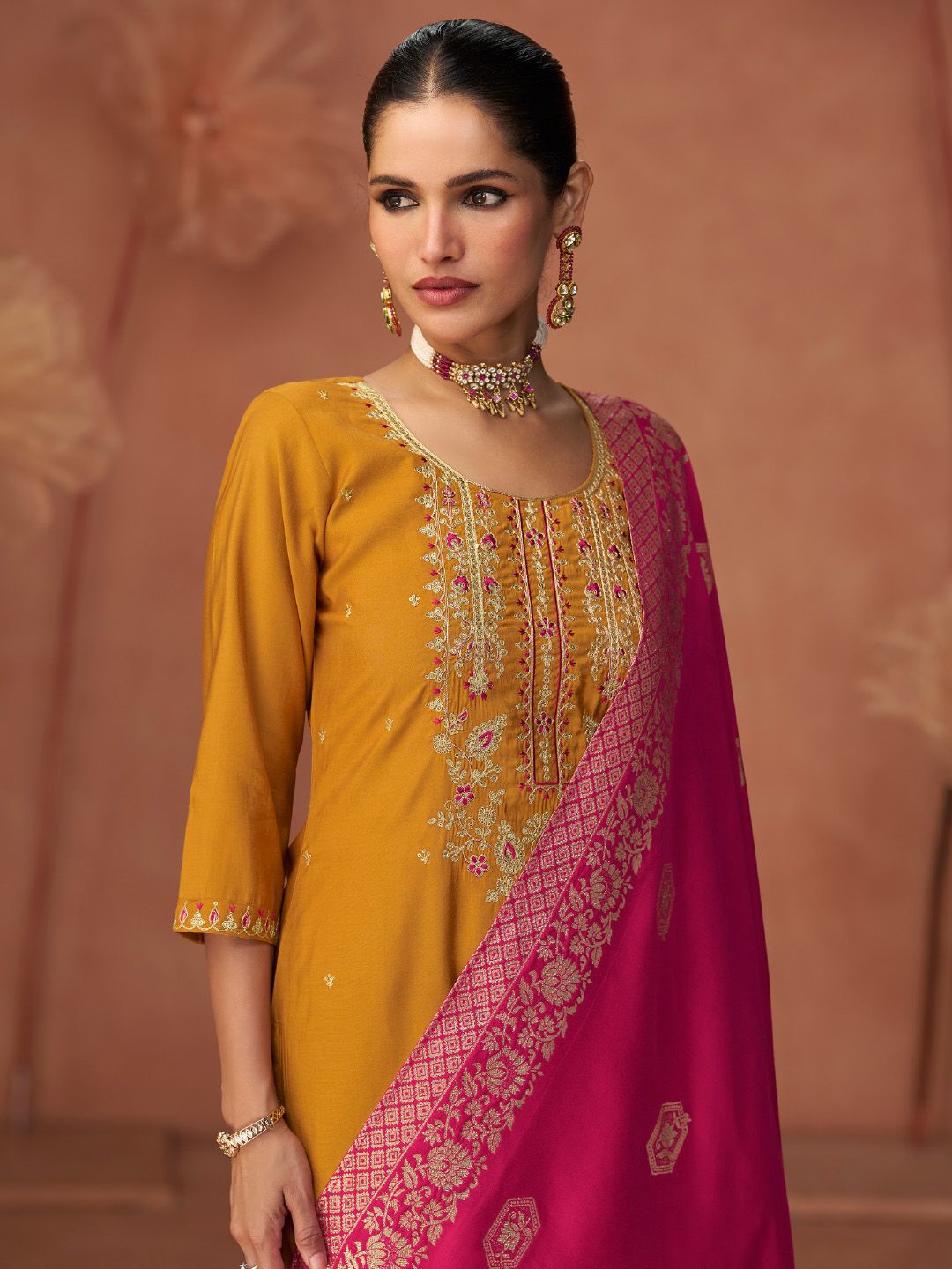 Dhiyona VA Women'sFloral Embroidered Zari Work Round Neck Straight Kurta With Trousers & Dupatta