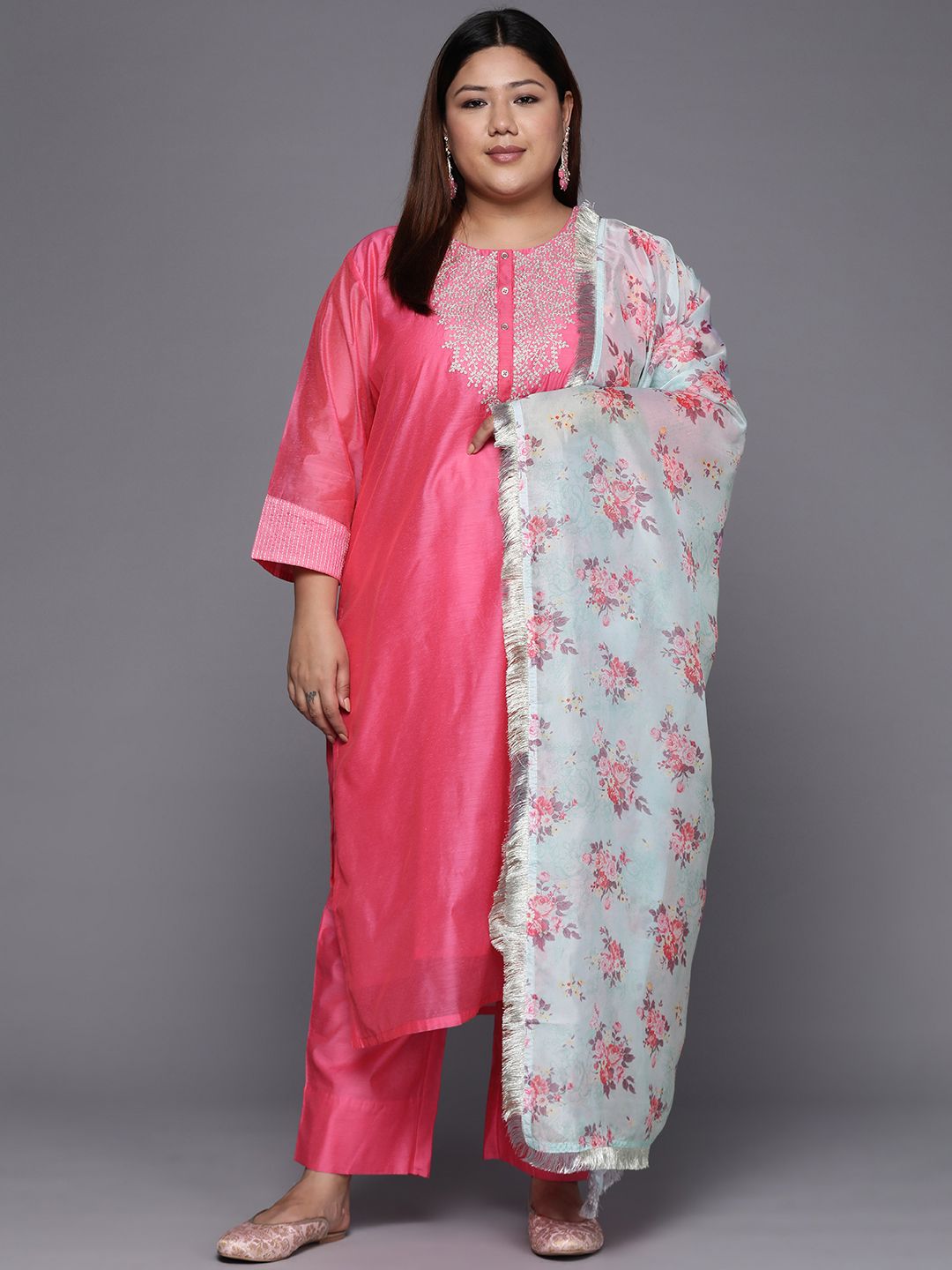 Dhiyona VA Women's Floral Yoke Design Sequinned Chanderi Silk Kurta with Trousers & Dupatta