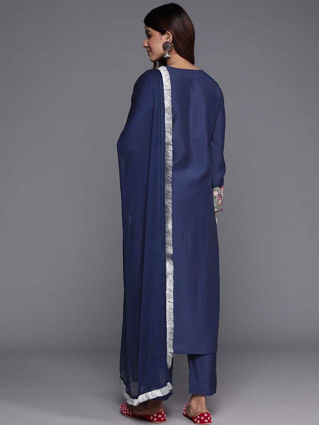 Dhiyona VA Women's Floral Embroidered Thread Work Straight Kurta & Trousers With Dupatta