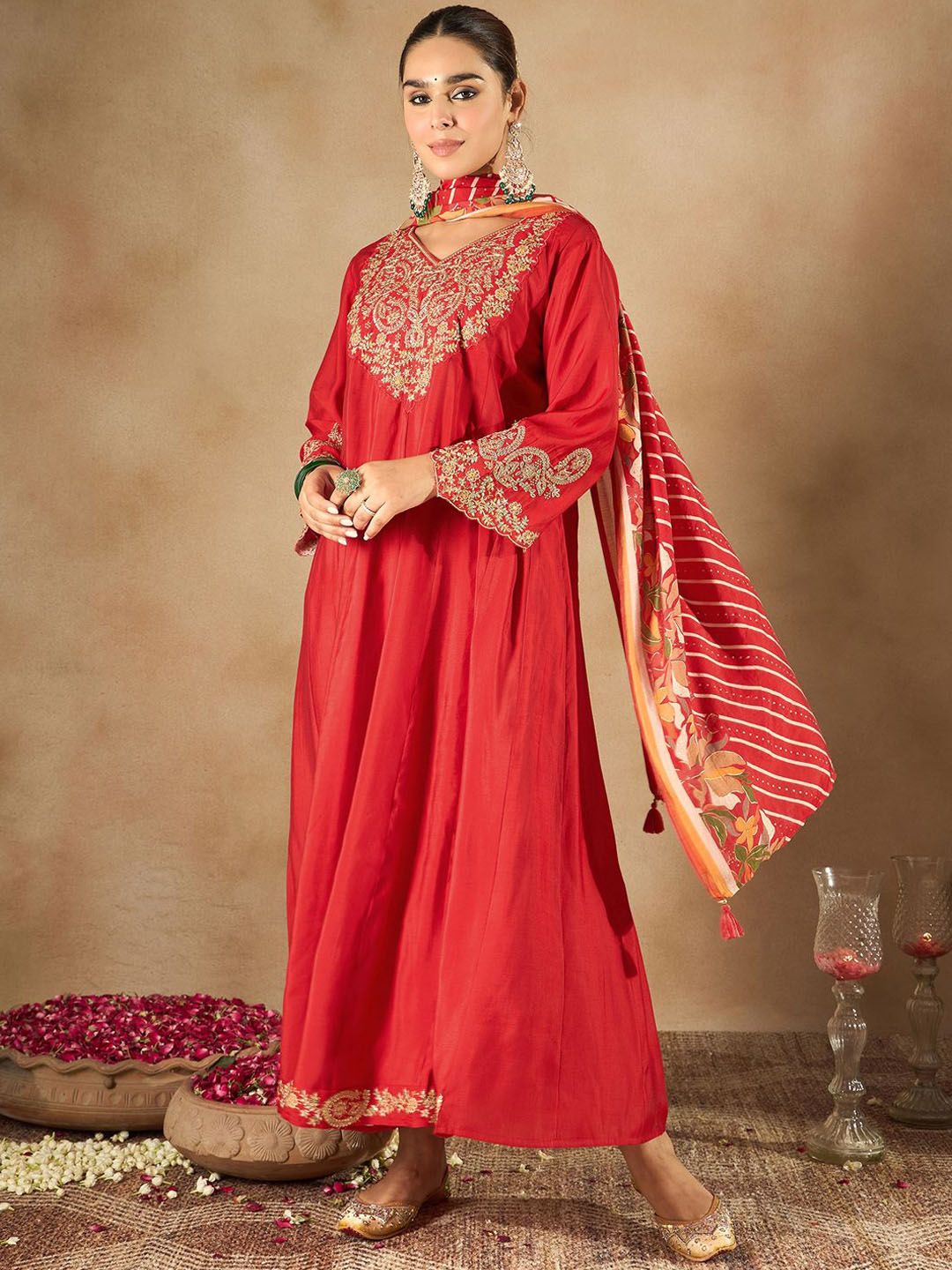 Dhiyona IE Women Ethnic Motifs Embroidered Empire Kurta with Trousers & Dupatta