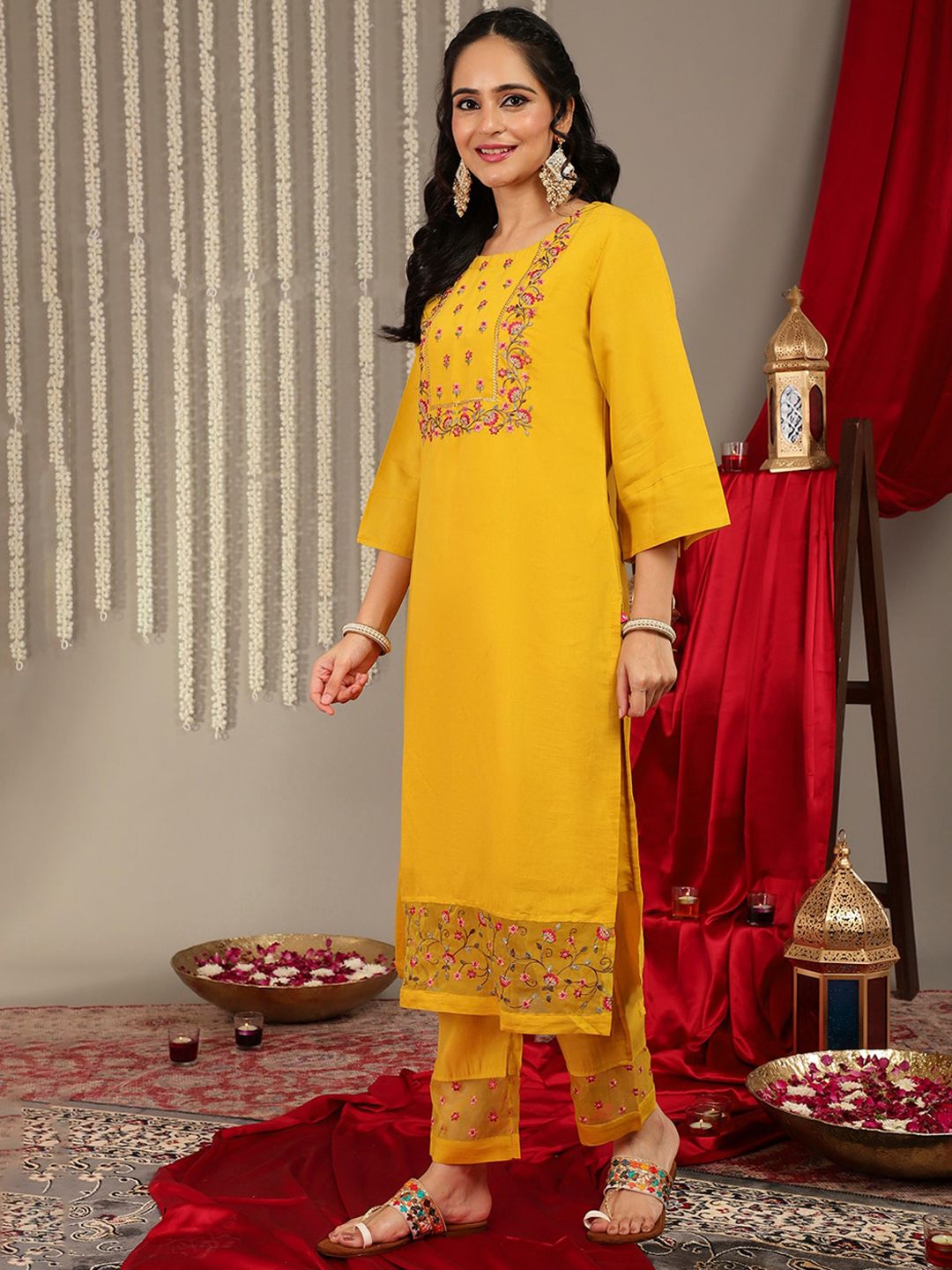 Dhiyona VA Women'sFloral Embroidered Yoke Design Kurta with Trousers & With Dupatta