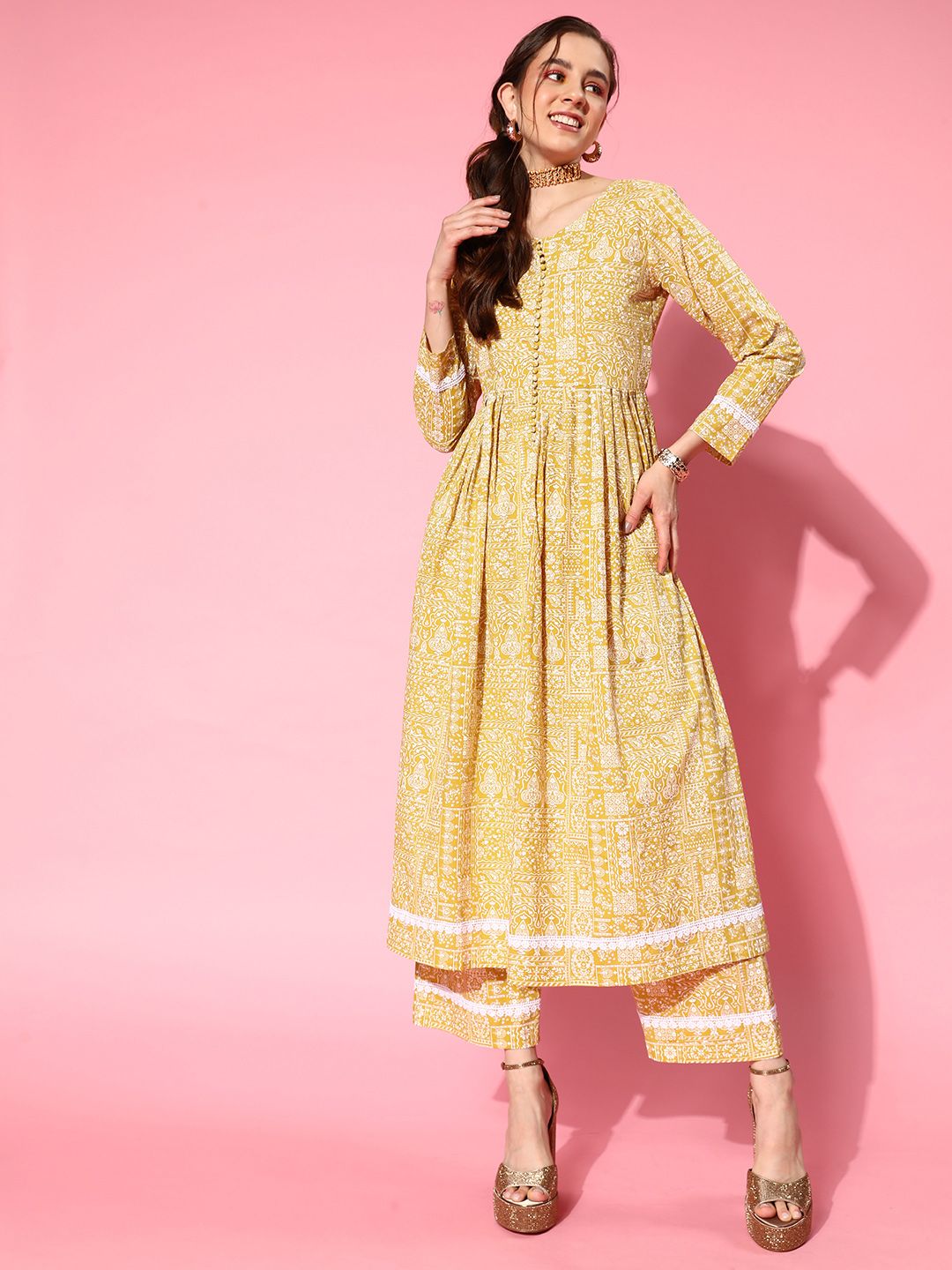 Dhiyona VA Women's Ethnic Motifs Printed Empire Pure Cotton Kurta with Trousers