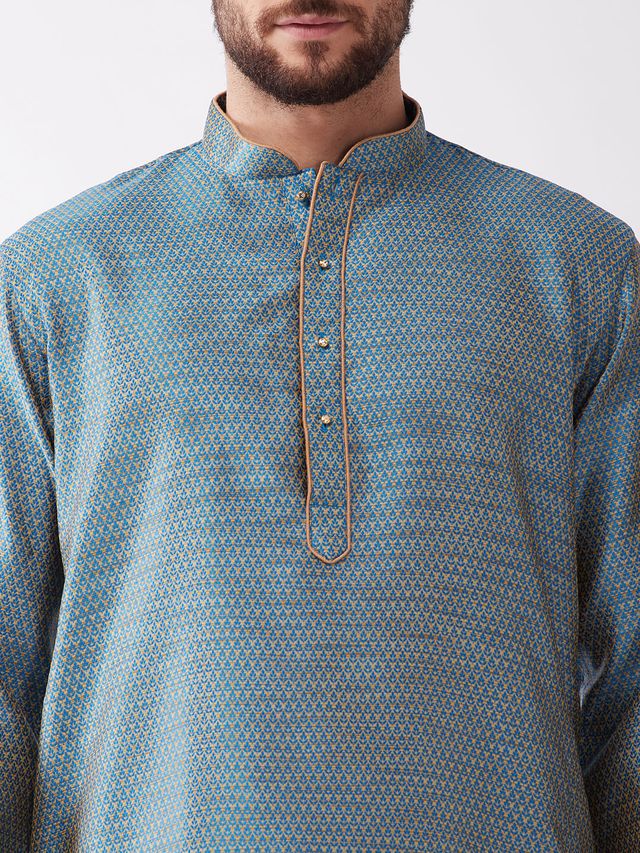 Men's Aqua Silk Blend Straight Kurta and Dhoti Set