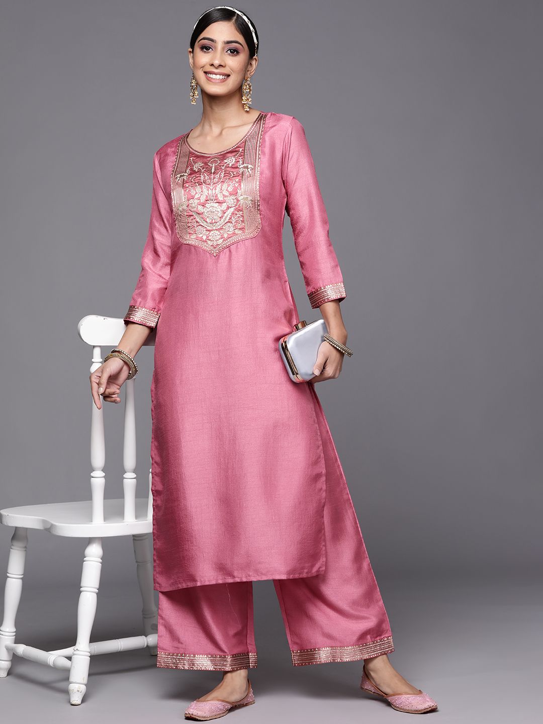 Women Pink Ethnic Motifs Yoke Design Kurta with Palazzos