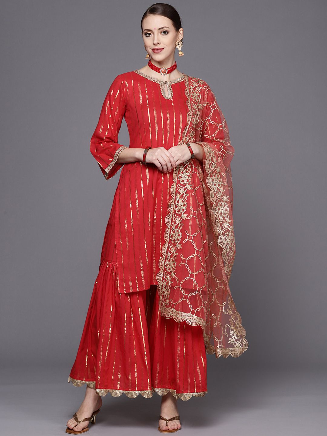 Dhiyona VA Women's Red Striped Kurta with Sharara & With Dupatta