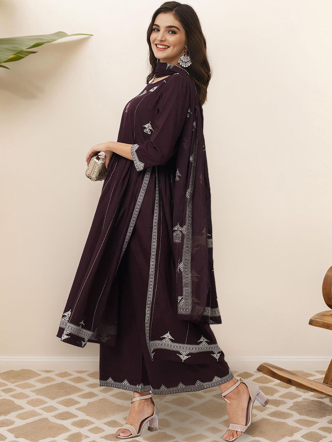 Dhiyona IS Women's Ethnic Motifs Printed Pure Cotton Kurta With Palazzos & Dupatta