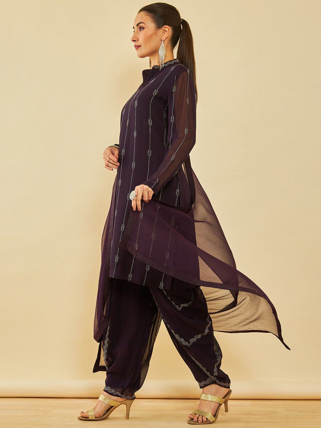 Dhiyona SO Women's Ethnic Motifs Regular Beads and Stones Kurta with Dhoti Pant & With Dupatta