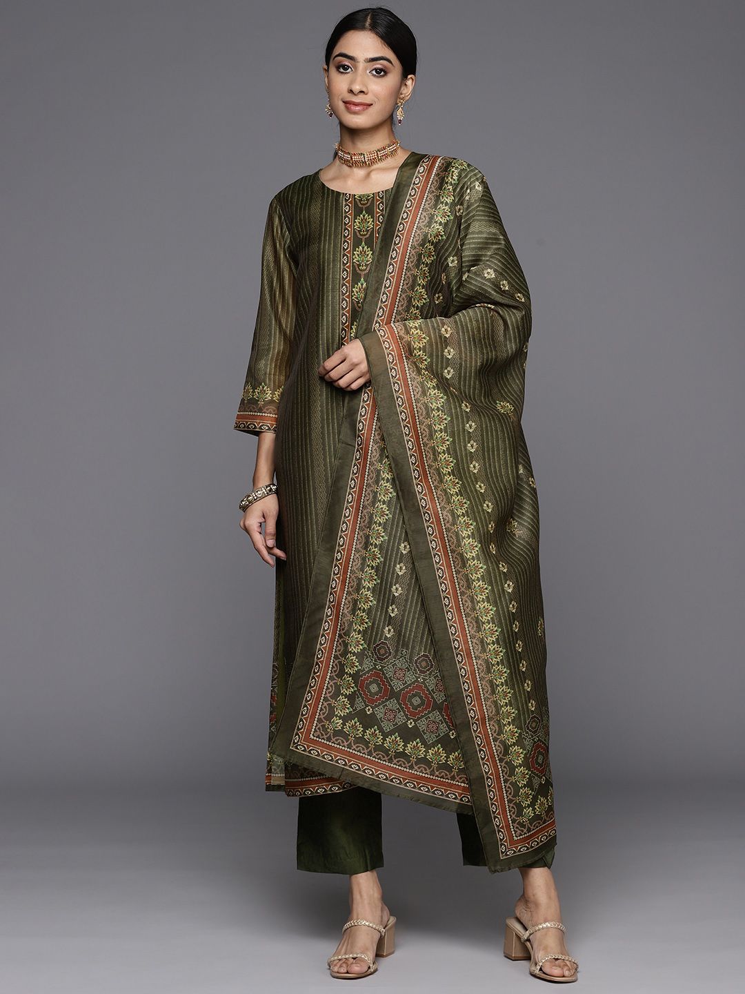 Dhiyona VA Women's Ethnic Motifs Printed Chanderi Silk Kurta with Trousers & With Dupatta
