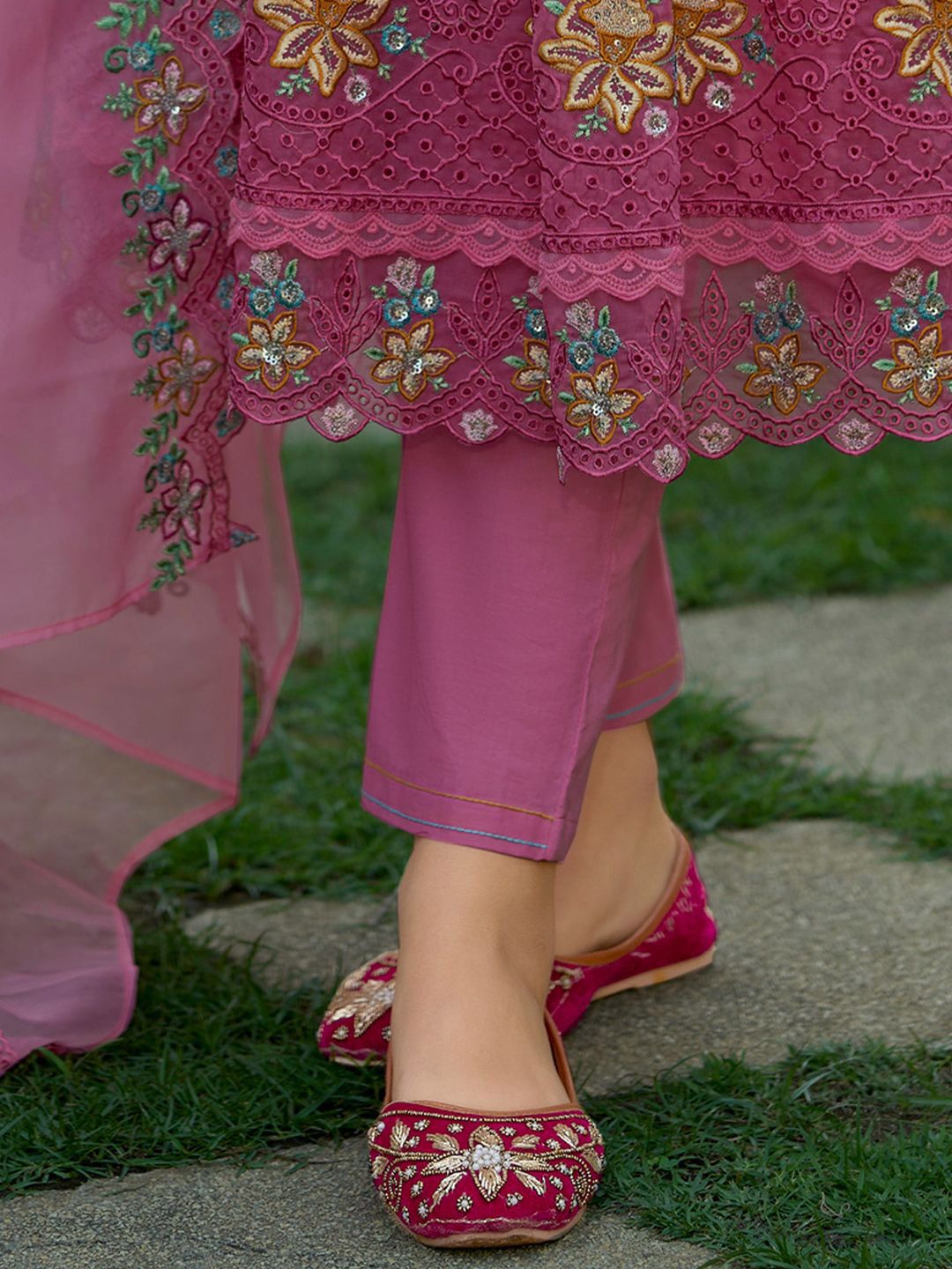 Dhiyona IE Floral Embroidered Pure Cotton Anarkali Kurta With Trousers And Dupatta