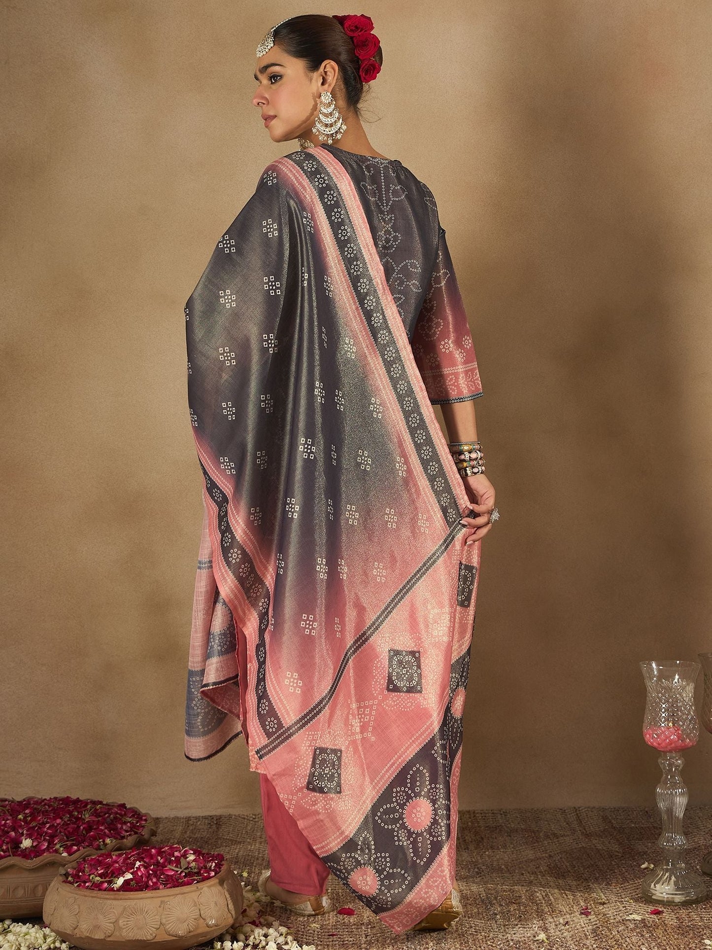 Dhiyona IE Floral Embroidered Embellished Notch Neck Straight Kurta with Trouser And Dupatta
