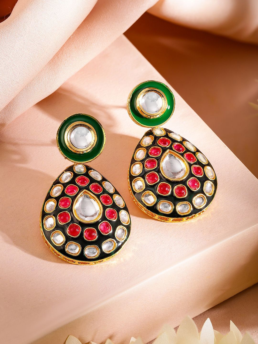 Dhiyona RJ Women's 24K Gold-Plated Green & Black Enamel Border Ruby Pink & White Kundan Necklace Set