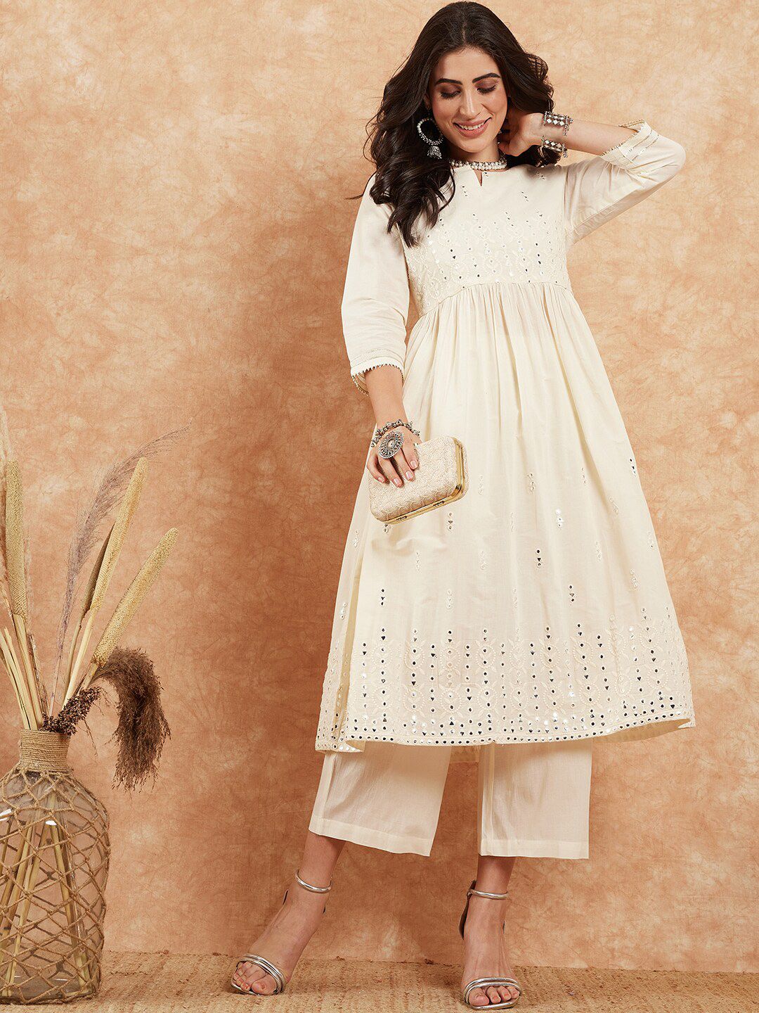 Dhiyona PD Women Embroidered Pure Cotton A-Line Kurta With Palazzo Set