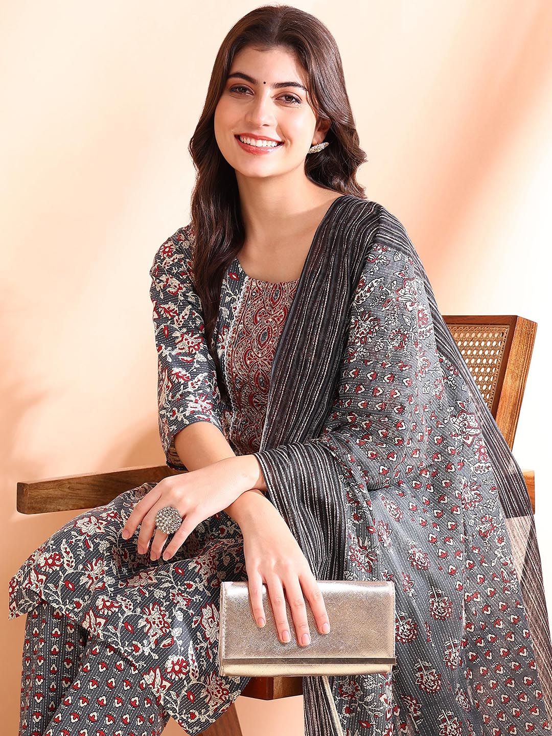 Dhiyona OD Thread Work Pure Cotton Straight Kurta with Trousers & Dupatta