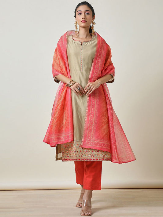 Dhiyona SO Women's Beige Floral Embroidered Thread Work Chanderi Silk Kurta With Trousers & Dupatta