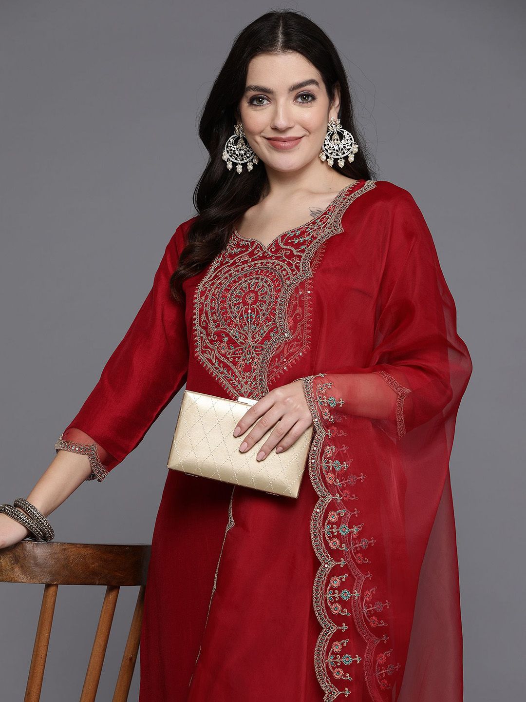 Dhiyona IE Floral Yoke Design Straight Sequined Kurta with Trousers & Dupatta