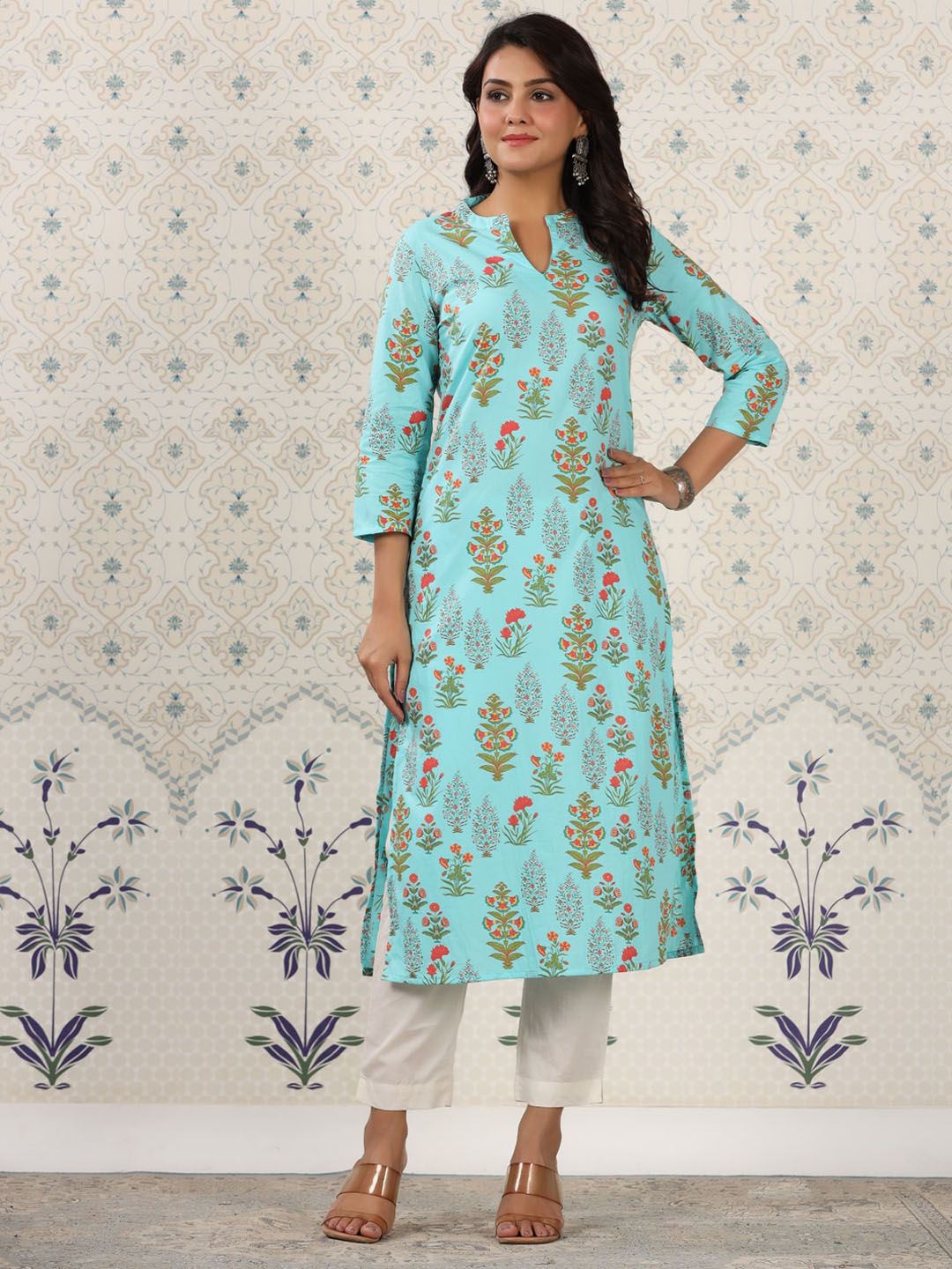 Dhiyona OD Floral Printed Mandarin Collar Pure Cotton Kurta