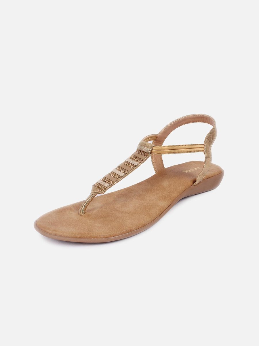 Dhiyona AK Beige Embellished T-Strap Flats With Backstrap