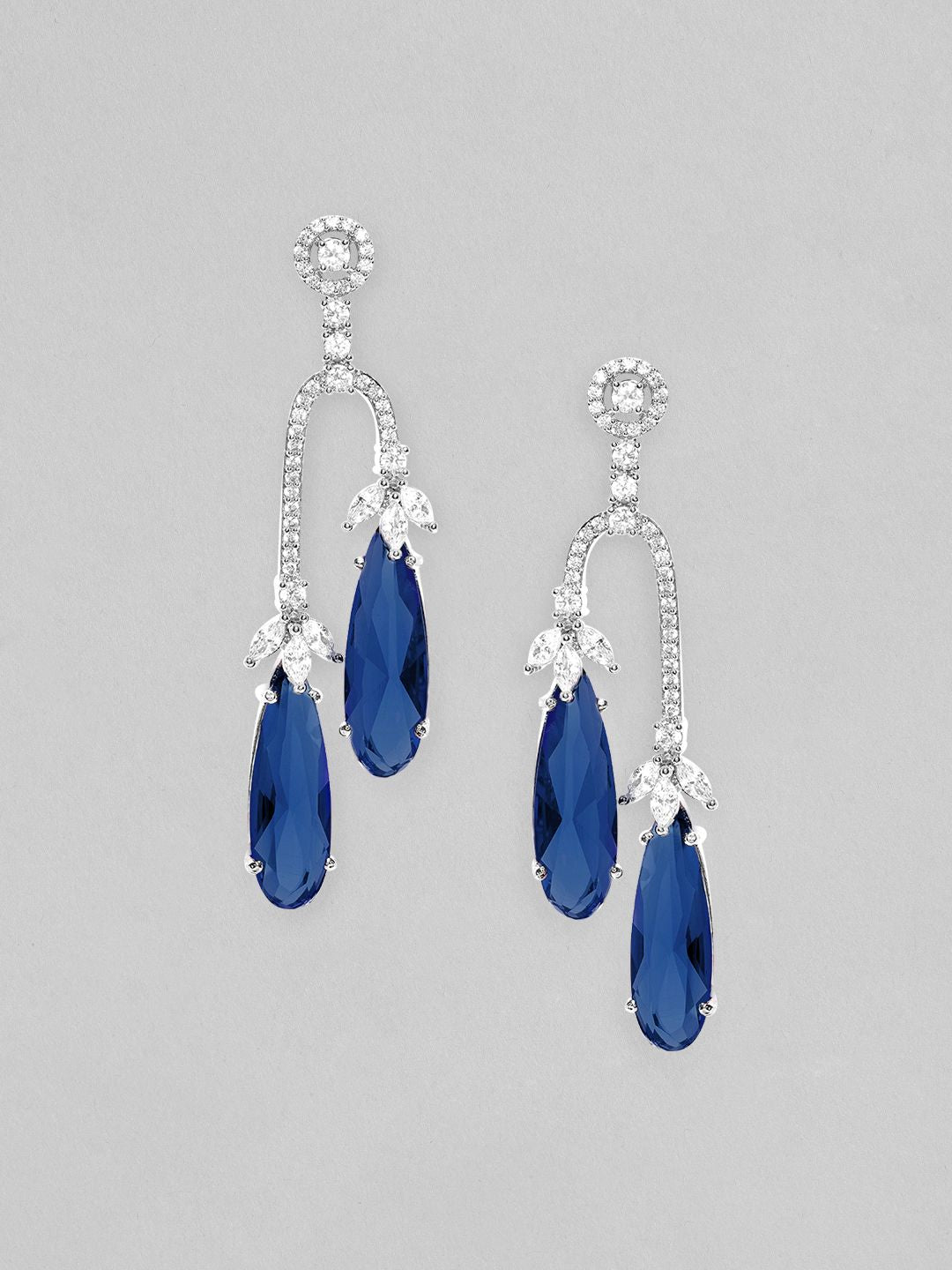 Dhiyona RJ Women's Rhodium Plated Blue Sapphire & Cubic Zirconia Studded Teardrop shaped Drop Earrings