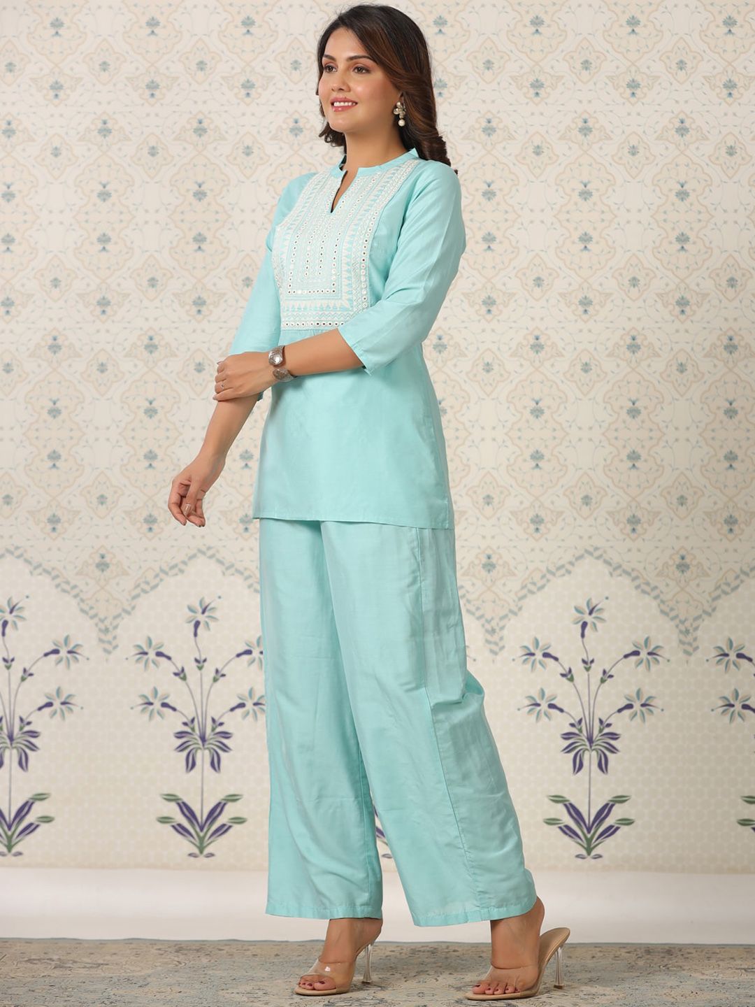 Dhiyona OD Ethnic Motifs Embroidered Mirror Work Kurti with Palazzos